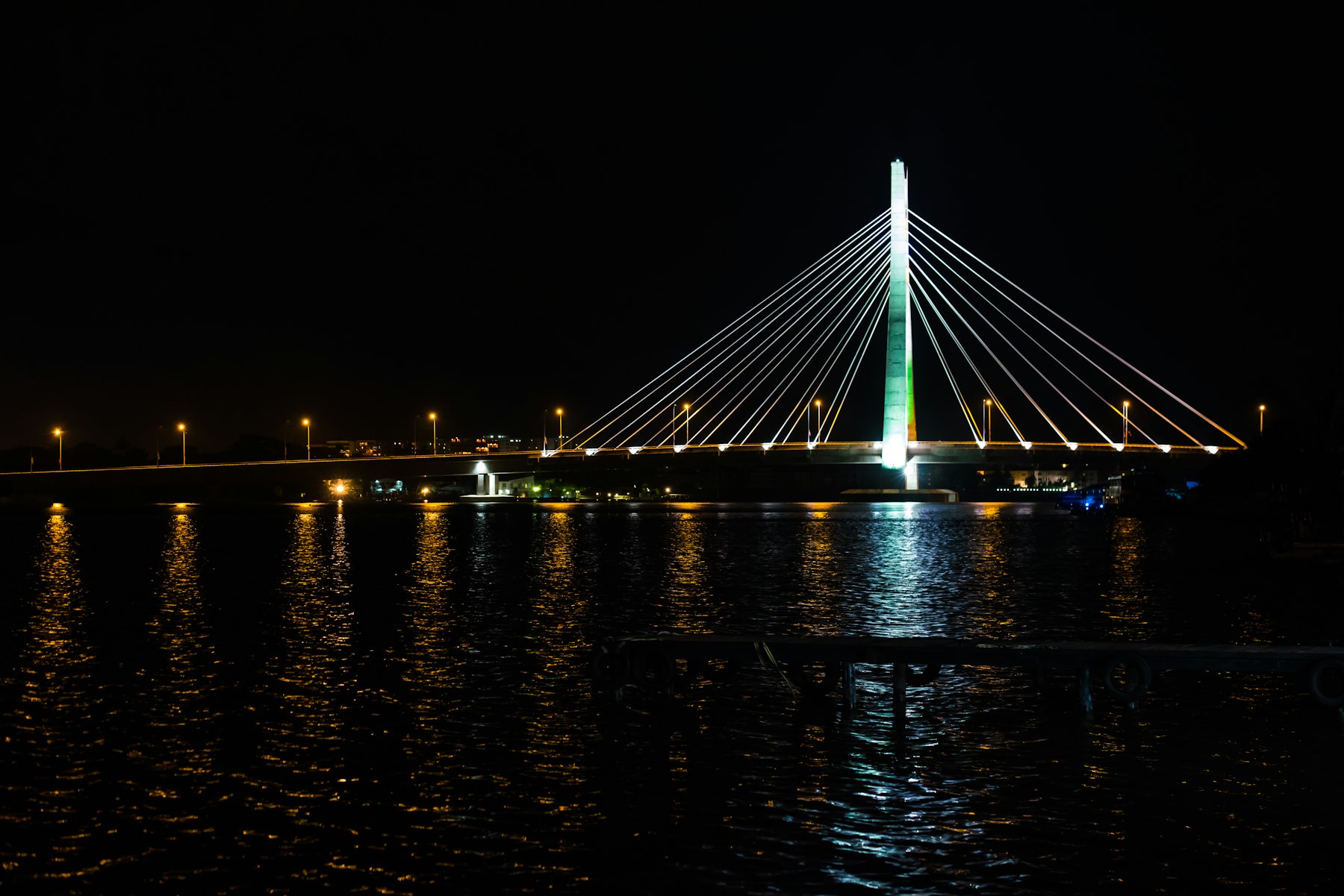 The Lekki-Ikoyi cable-stayed bridge in Lagos lit up at night